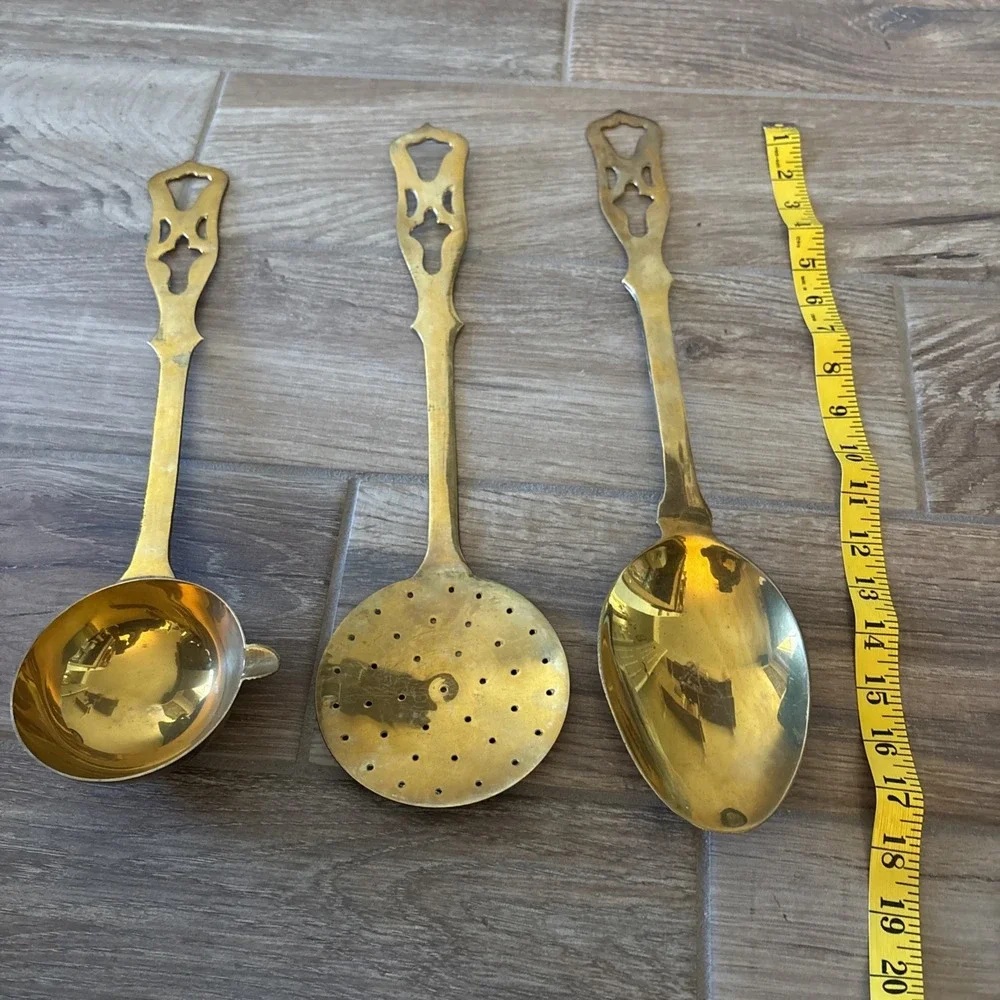 Antique Vintage Set of 3‎ Ornate Brass Serving Utensils